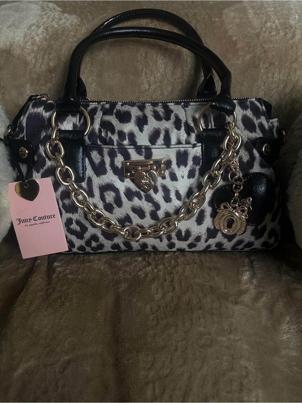 Juicy Couture Black & White Leopard-Print Satchel with Gold Chain Detail